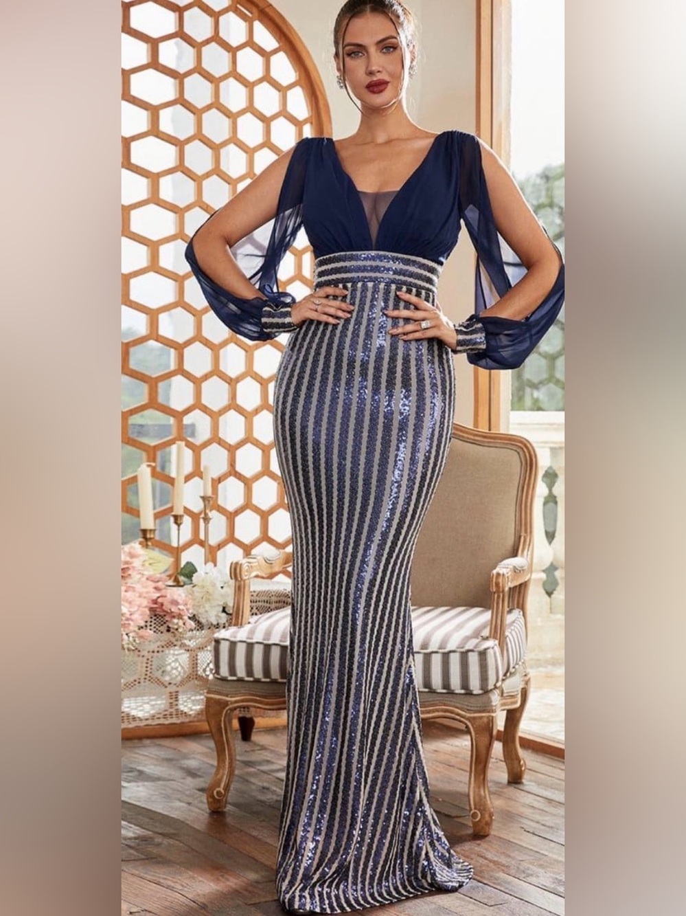 Navy Sequin Maxi Gown with Sheer Draped Sleeves